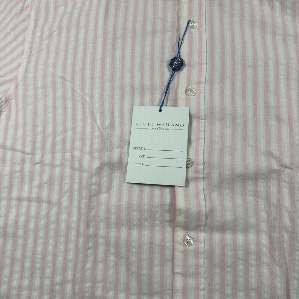 Scott Weiland Button Up Shirt Mens 17.5 Pink Striped Long Sleeve Seersucker NWT